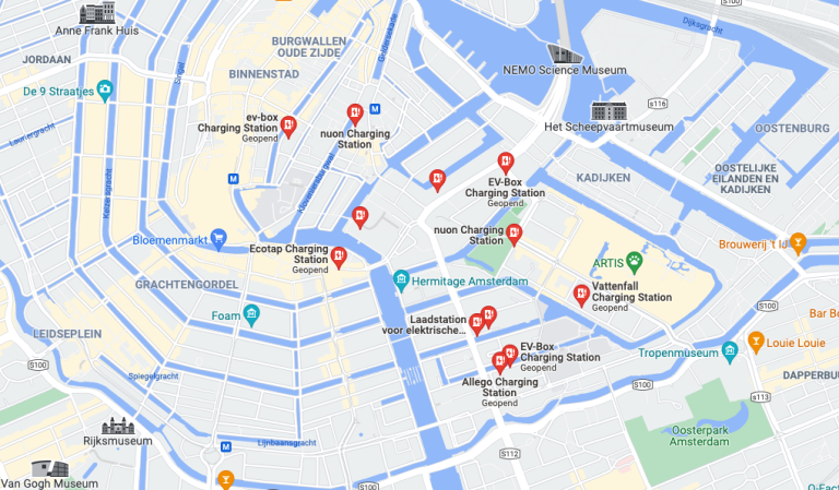 Voorbeeld van laadpalen op Google maps